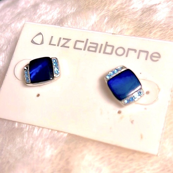LIZ CLAIBORNE 💙 SILVER BLUE GEM STONE & BABY BLUE RHINESTONES PIERCED EARRINGS - Picture 2 of 7